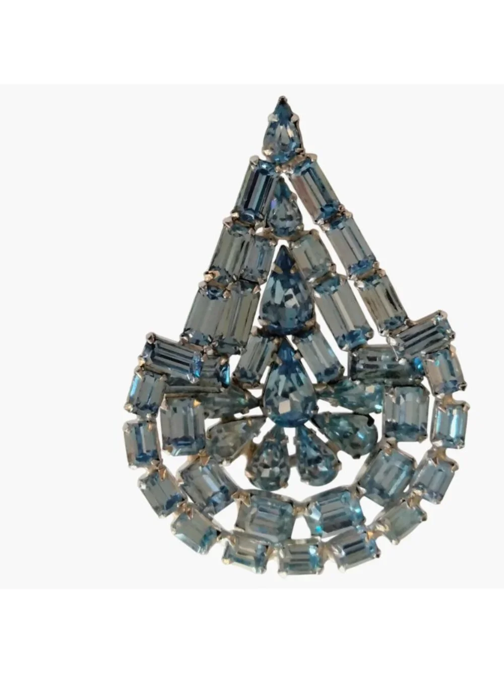 Vintage Blue Rhinestone Brooch Art Deco Style Baguette Teardrop Statement Pin